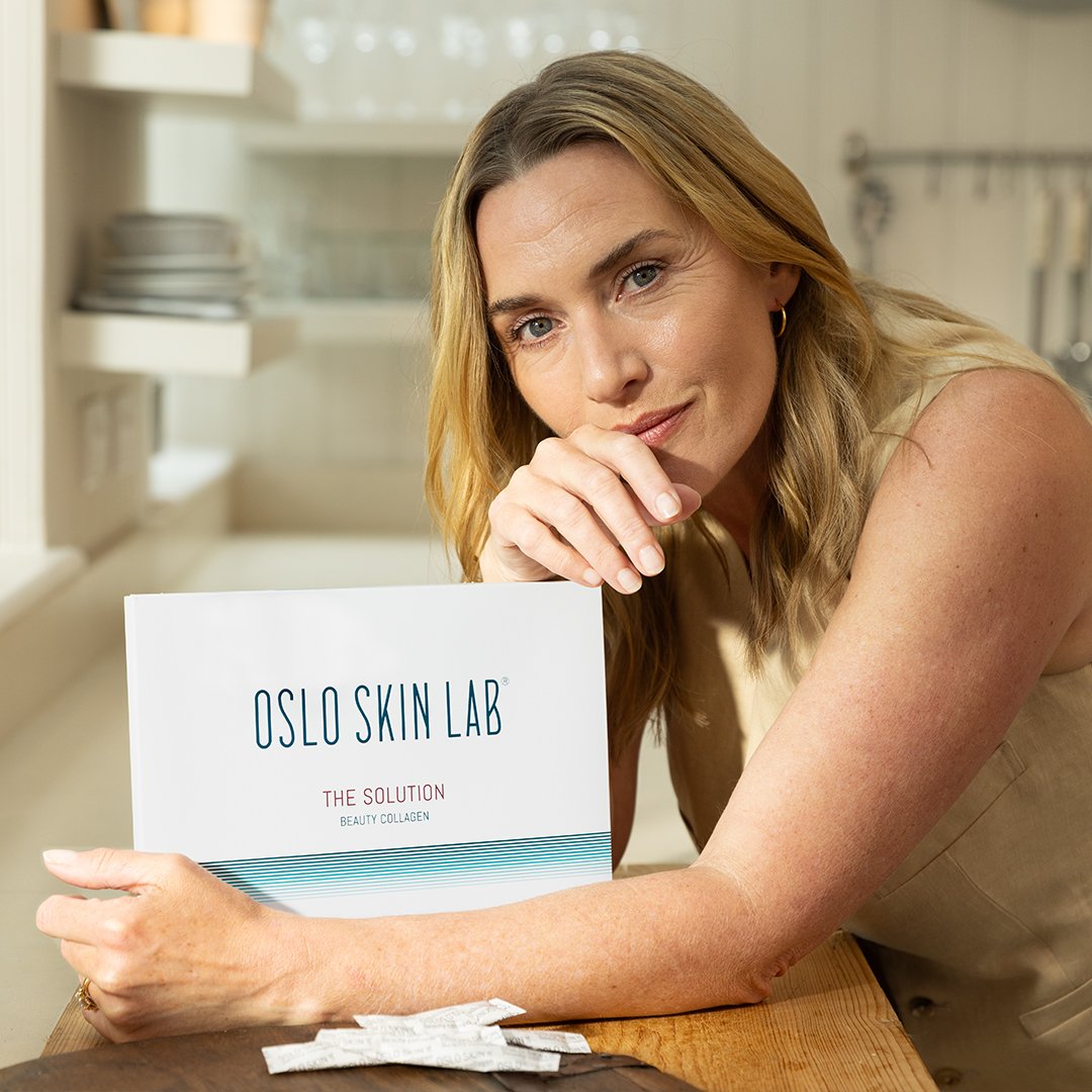 Kate Winslet med The Solution Beauty Collagen och kollagenpulver från Oslo Skin Lab.
