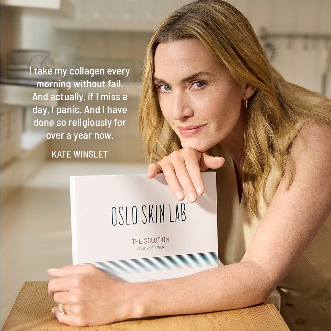 Närbild på Kate Winslet med The Solution Beauty Collagen och citat om sin dagliga kollagenrutin.
