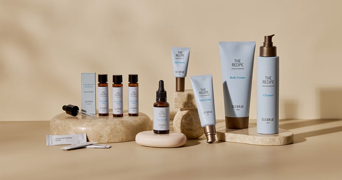 Komplett hudvårdsserie från Oslo Skin Lab The Recipe med probiotiskt serum, ögoncreme, dagkräm, ögonkräm och rengöring