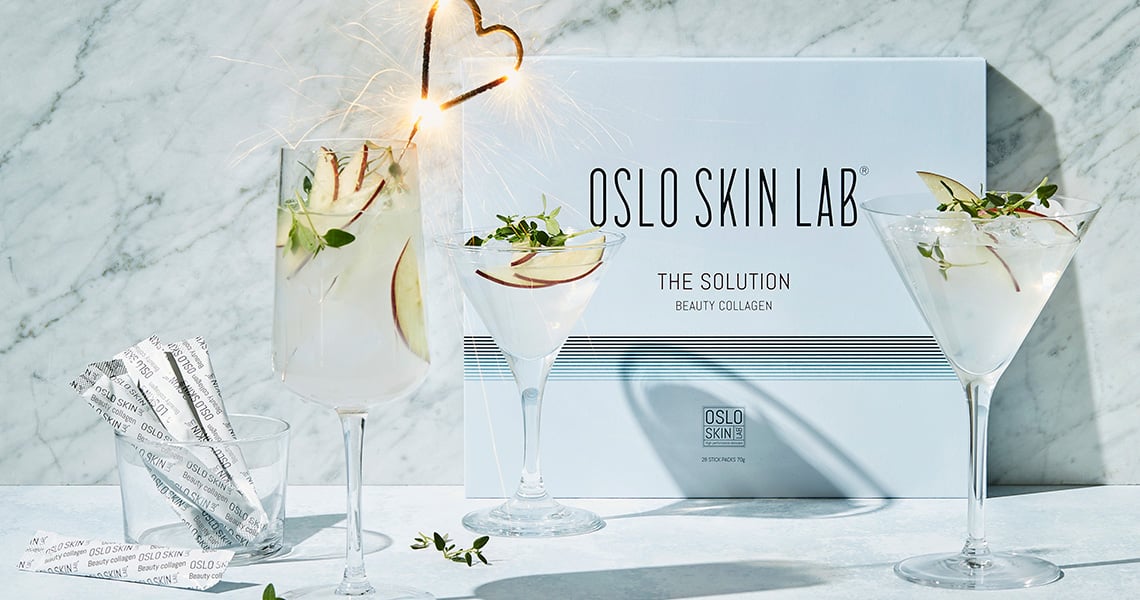 Närbild på kollagenpulver från Oslo Skin Lab och ett med sprakande hjärta 