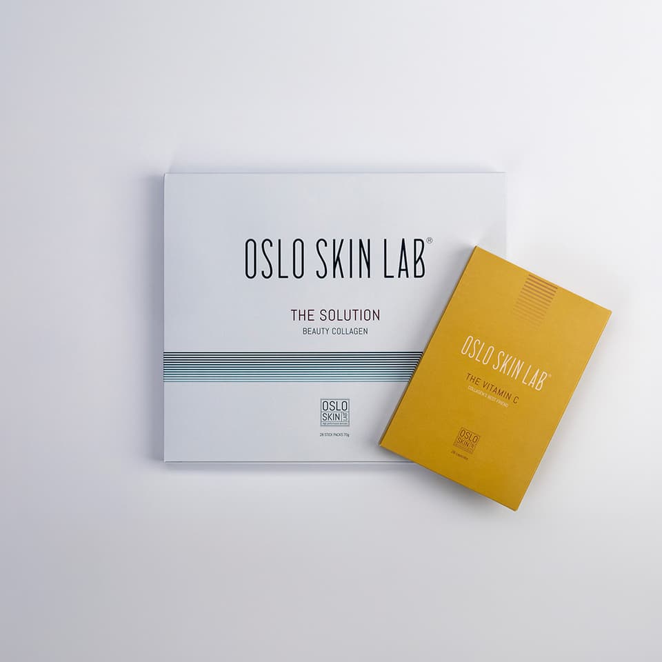 Förpackning med kollagenpulver och c-vitamin från Oslo Skin Lab