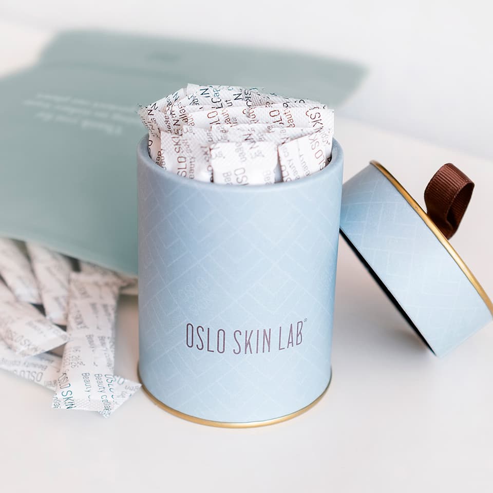 Närbild på behållare för kollagenpulver från Oslo Skin Lab