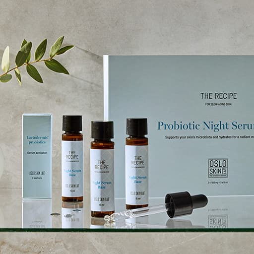 Probiotic Night Serum Kit från Oslo Skin Lab med serumflaskor, pipett och förpackning